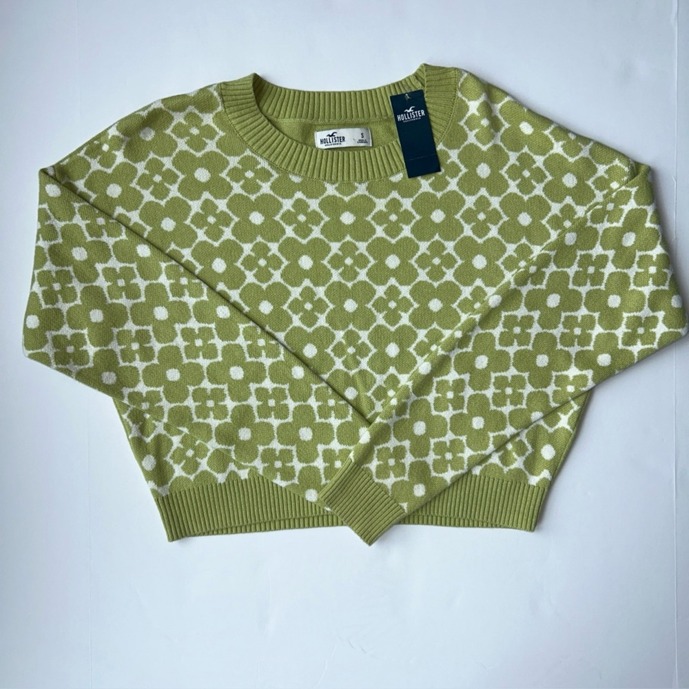 Hollister Women’s Sz Small Green White Floral Cropped Sweater Cotton Knit NWT